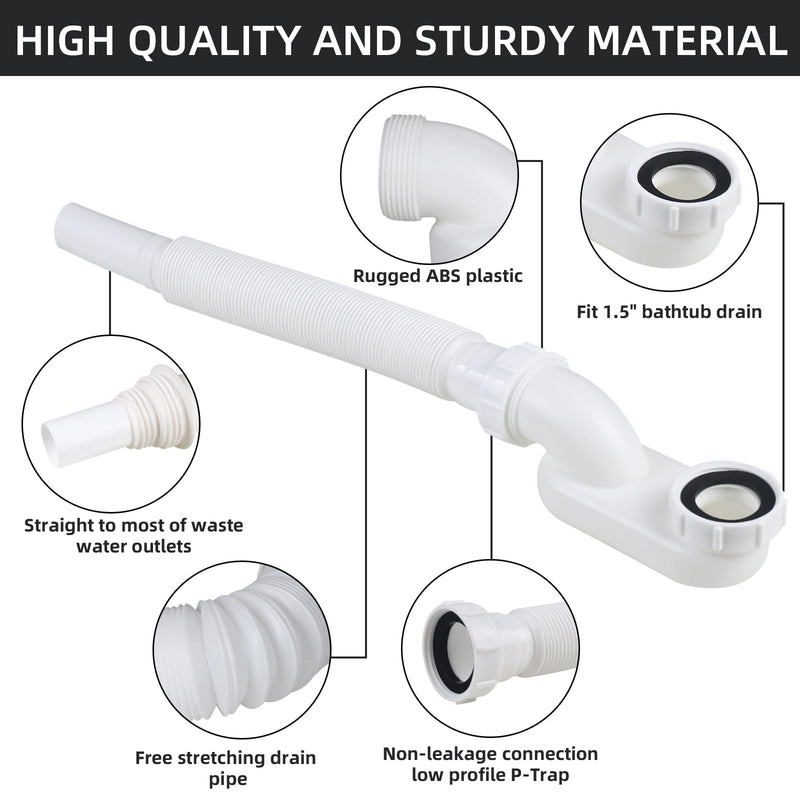 Flexible Bathtub Drain Pipe, Upgraded No-leak Low Profile 1 1/2 P Flat Drainage Pipe Kit, Flat P Trap Freestanding Tub Drain Flex-Drain for Bath