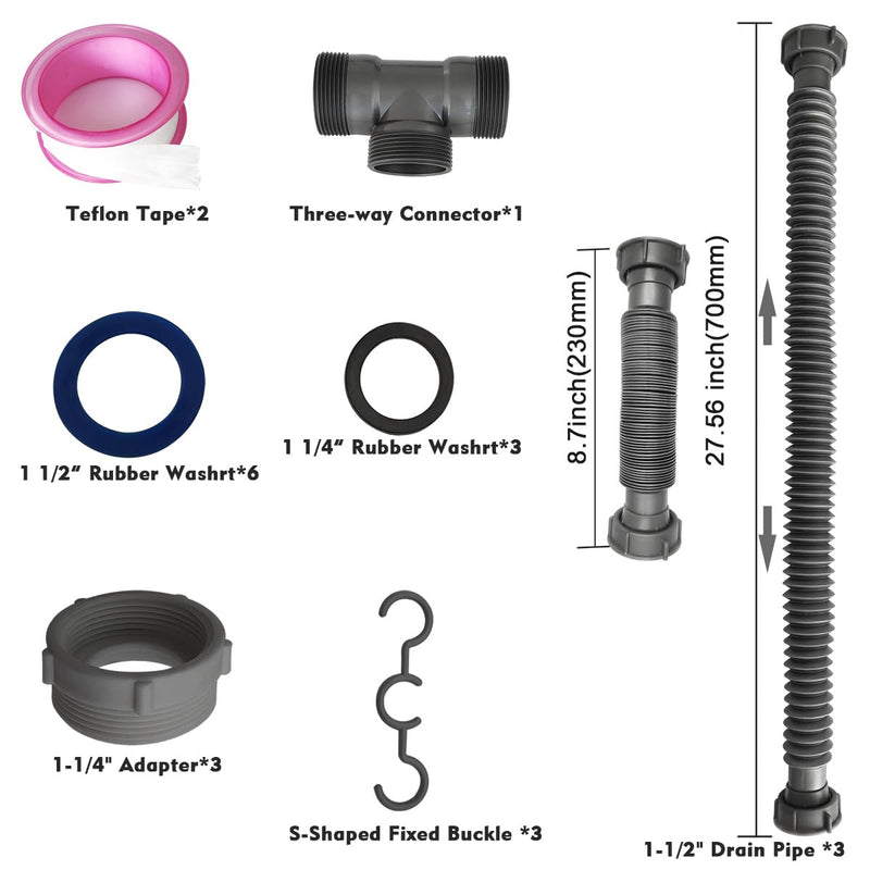 Flexible Expandable Double P-Trap Kit for 1 1/2" or 1 1/4" Double Bowl Sink Drain, Tube Pipes Kit Fit for Kitchen, Bathroom, Complete with Sealing Ring, Tape, and Tubing