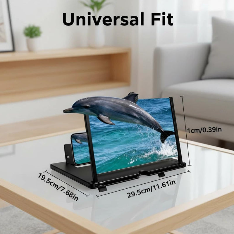 12" Phone Screen Magnifier for Cell Phone, Foldable 3D HD Acrylic Screen Amplifier, Portable Smartphone Screen Enlarger Stand for Movies & Gaming, Universal Phone Stand for All Smartphones (Black)
