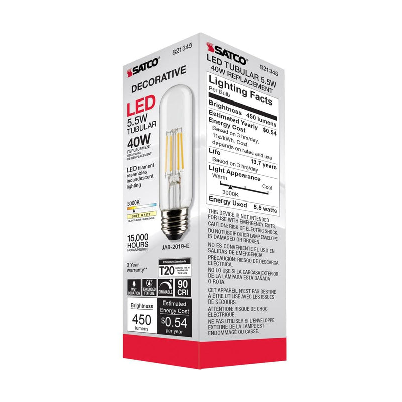 Satco 5.5-Watt LED E26 Light Bulbs, 3000K, 15000 Hour Rating, Dimmable, Wet Location, 6 Pack