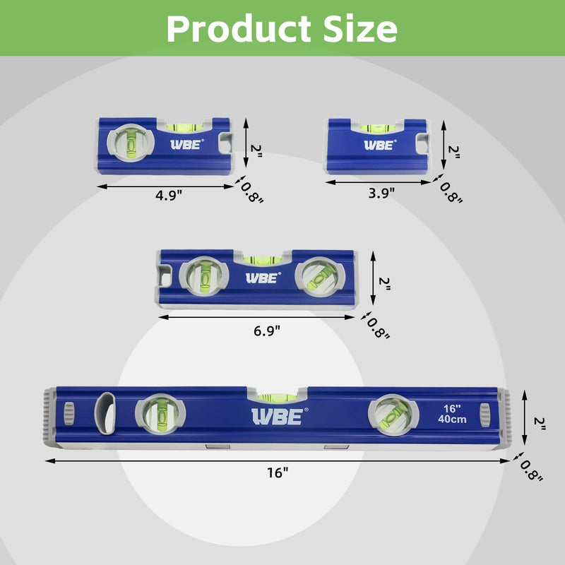 WBE 4-Piece Torpedo Level Set, Aluminium Alloy Magnetic Spirit Level Included 16", 7", 5", 4" Leveler with 180°/90°/45° Bubbles, Clear, Green.
