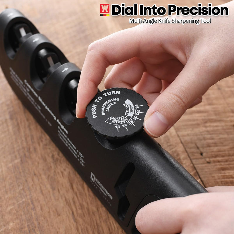 Handheld Knife & Scissors Sharpener with Adjustable Sharpening Angle Controller, Sharpens Kitchen Knives & Pocket Knife, Non-Slip Bottom Pad (Tungsten + Emery + Ceramic + Scissors Slot)