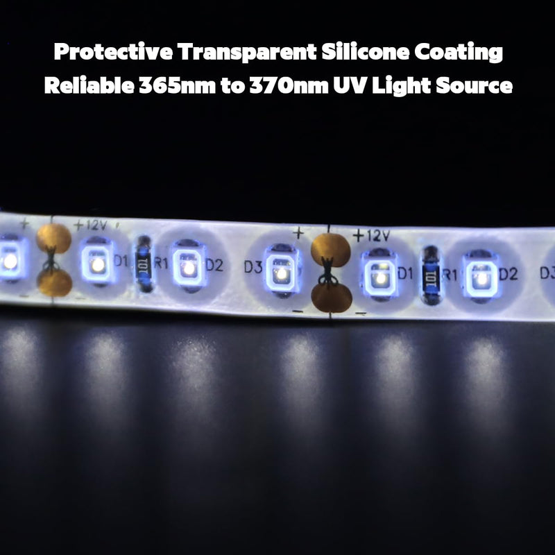 IP65 Waterproof 365nm Ultraviolet LED Strip Light, 12V 16.4FT 8MM High Density LED UV Black Light Strip for Fluorescence Detection and Glue Curing in Damp Environments (2835 600LEDs IP65) 2835 600LEDs IP65