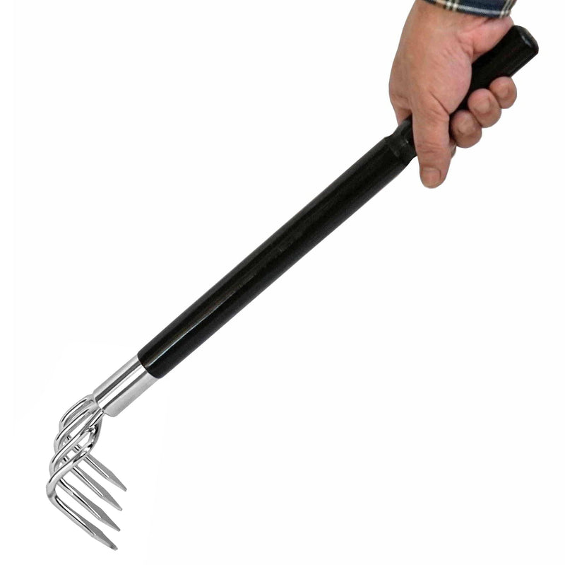 Japanese Garden Rake Cultivator Long Handle 19" Heavy Duty Japanese Steel 4 Claw Wood Handle, Made in Japan, Hand Cultivator Tool for Digging, Weeding, Cultivating, Silver