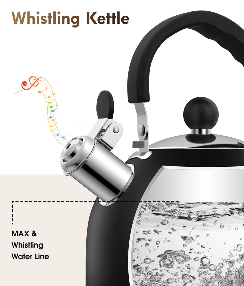 Premium Stainless Steel Tea Kettle for Stove Top - 2 Quart Classic Stovetop Teapot, Loud Whistle Kettle with Ergonomic Handle - Ideal for Hot Water & Tea,Coffee & Kitchen Decor(black) Black