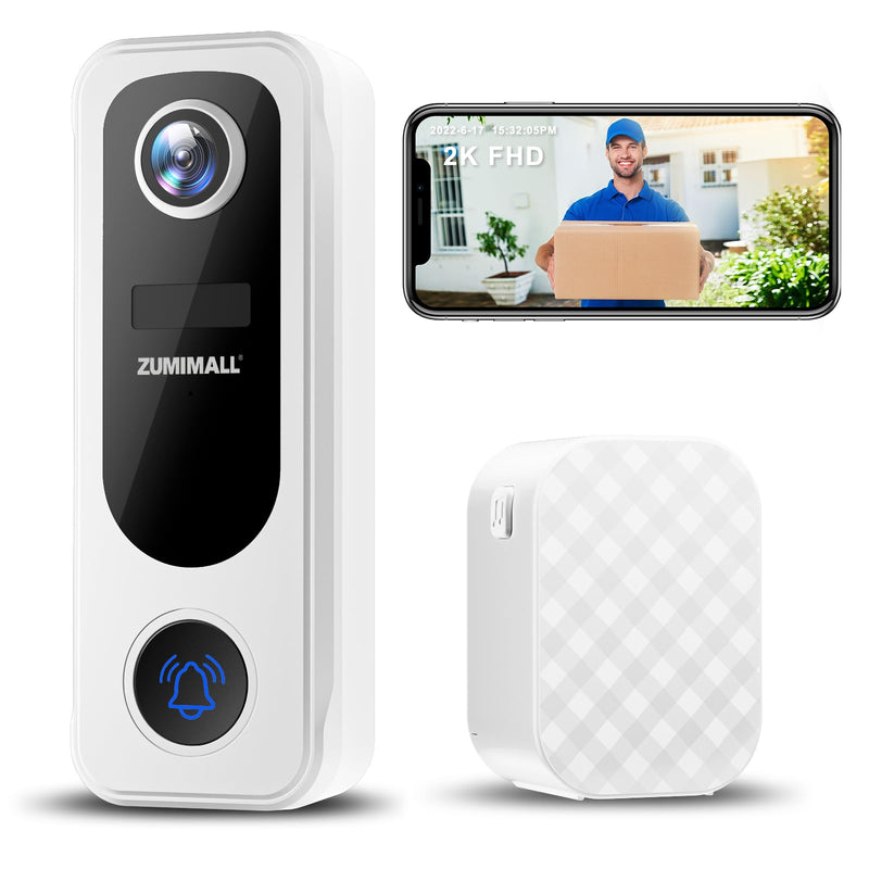 ZUMIMALL Doorbell Camera Wireless, Video Doorbell Wireless with Chime&SD, 2 Way Audio, Voice Changer, 30s Voice Message, Anti-Theft, AI Detection, 2.4Ghz WiFi, Battery Powered, Work with Alexa, White