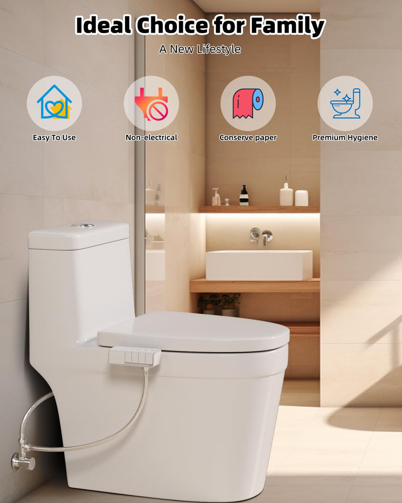 Hibbent Bidet Attachment for Toilet, Non-Electric Dual Nozzle for Frontal & Rear Wash, Adjustable Water Pressure Control, Fresh Water Bidet Toilet Seat, Self Cleaning Water Sprayer, White Chrome 1
