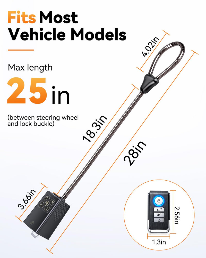 Remote Control Car Steering Wheel Lock with 120dB Alarm, Car Security Lock | Keyless Anti-Theft Device, Cable-Cut Alert, Vibration Sensor,USB-C Rechargeable, Universal Fit for Car SUV Truck Van