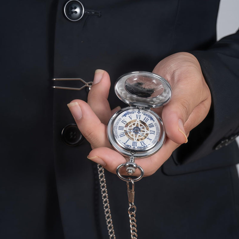 Mechanical Pocket Watch, for Men Women Special Magnifier Half Hunter Engraved Case Roman Numerals with Chain B-c. Compass, Silver, Blue