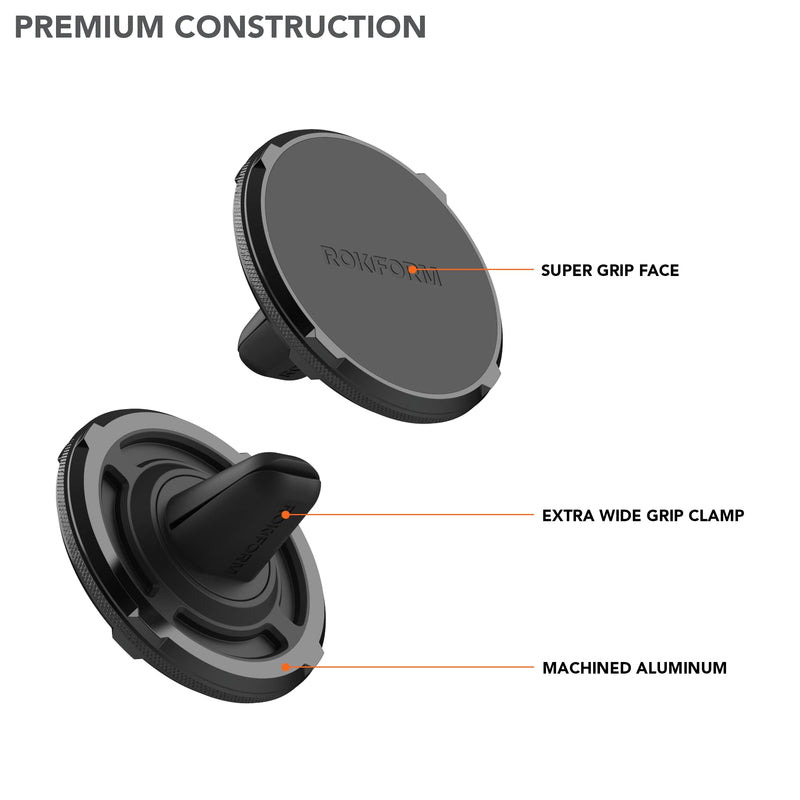 Rokform Dual Magnet Vent Phone Mount, Super Grip Clip (Black) | Compatible with Mag Safe Cases, Magnetic, Aluminum & Silicone, Fits Most Air Vent Slats