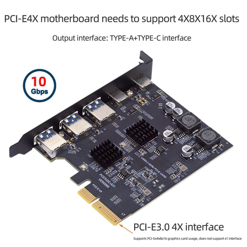 chenyang 5 Port PCI-E 4X to 2 USB C/3 USB 3.0 Panel Socket USB 3.2 Gen2 PCI Express Expansion Card Adapter with ASM3142 VL822 Dual Chipset 5 Port 2 USB C/3 USB 3.0