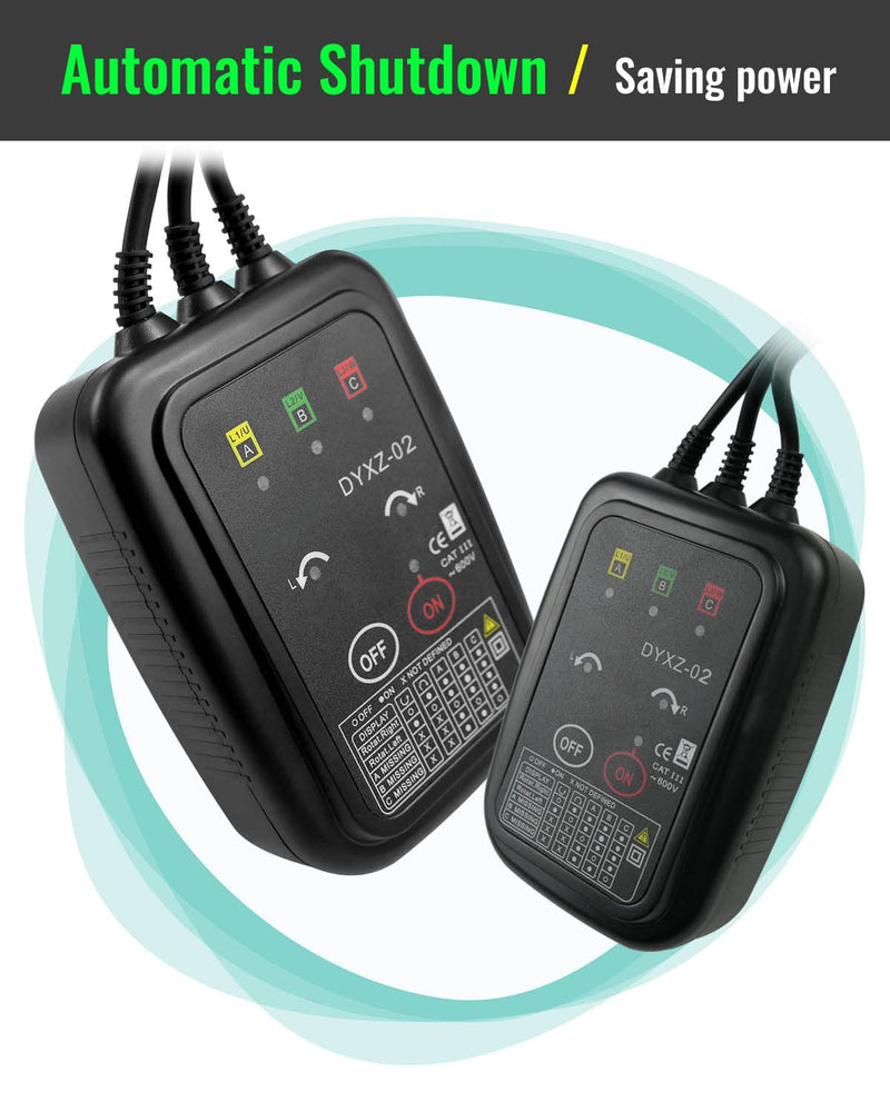 3 Phase Rotation Tester Non Contact Rotation Meter AC 70~600V High Magnetic Induction Phase Sequence Detector with 22 Inch Clamp Lead, LED, Carrying Bag Auto Power Off Phase Meter DYXZ-02
