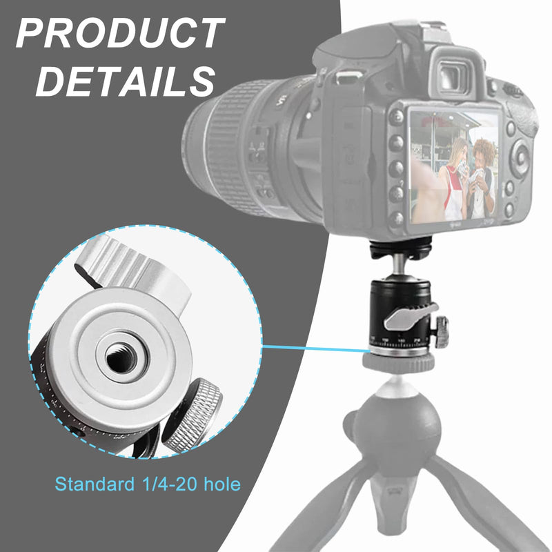 Aluminum Camera Tripod Mount Adapter with 360 Degree Rotation Mini Ball Head, 1/4"- 20 Screw Conversion Adapter Compatible with Go Pro Hero, DJI OSMO, Sony, Insta 360 and Other Action Cameras 360 Degree Rotation Camera Tripod Mount