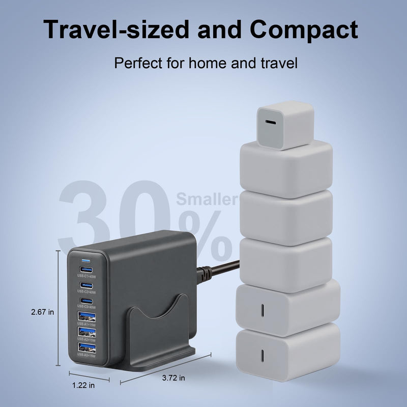 165W Charging Station, 6 Port Desktop Charger, 3 Ports 40W Grey | USB Charger Block, 3 x USB A 15W, 3 x USB C 40W, Compatible with iPhone, Galaxy, MacBook, iPad, Home Office, Travel and More
