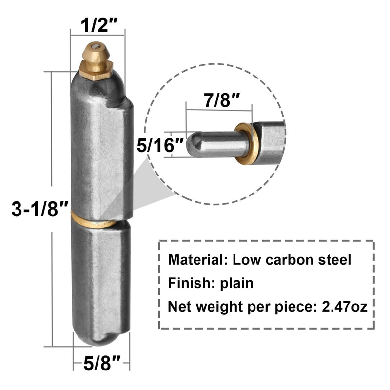10 Pcs 3-1/8" x 1/2" Weld On Bullet Hinge for BBQ, Trailer Gate, Heavy Duty | Grease Zerk 3-1/8" x 1/2" 10