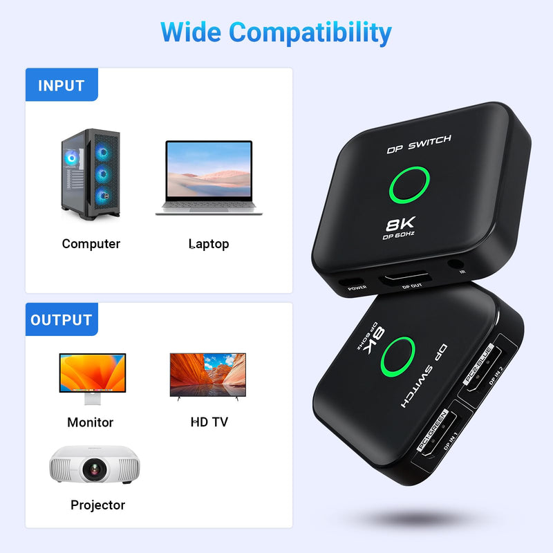 Displayport Switch 2 in 1 Out DP Switch Selector Box 8K@60Hz 4K@144Hz 4K@120Hz 4K@60Hz Display Port Switch for PS5, HDTV, Xbox, Fire Stick