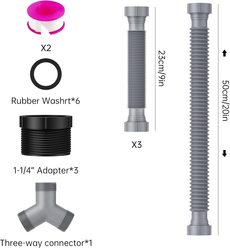 Flexible Expandable P-Trap Kit for Double Kitchen Sink Drain - Fits 1 1/2" or 1 1/4" Pipes-Complete with Sealing Ring, Tape, and Tubing - Perfect for Kitchen, Bathroom, and Restroom Use