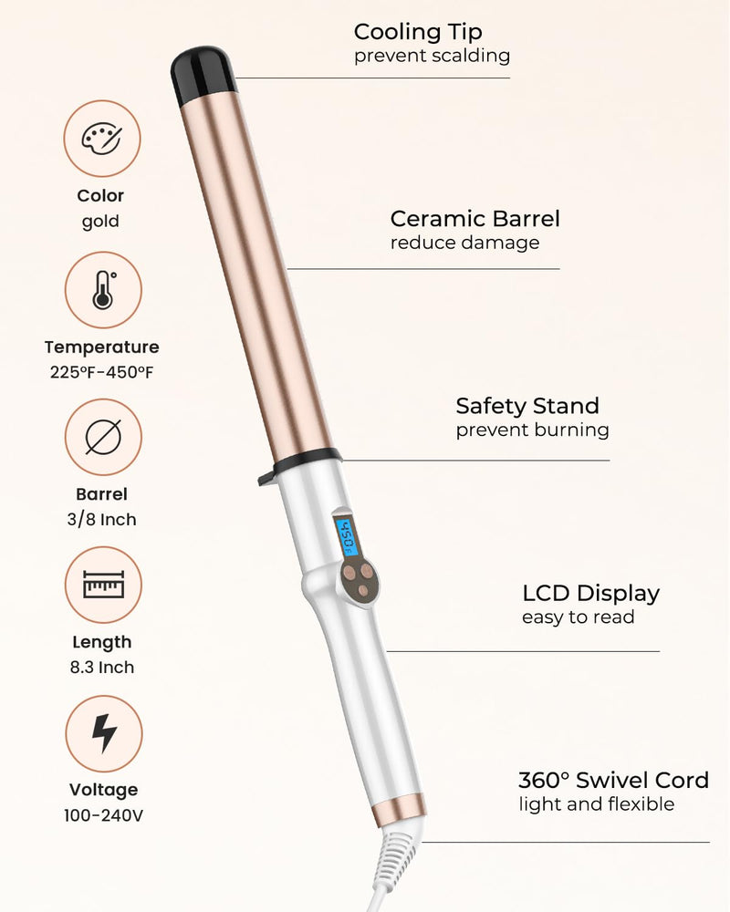 32MM Hair Curling Wand Extra Long Barrel, Ceramic Curling Iron Tongs for Long Hair, Professional Dual Voltage Hair Curler with Adjustable Temperature 32mm