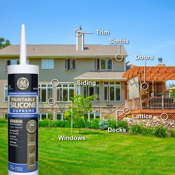 GE Supreme Paintable Silicone Caulk for Window & Door, White, 9.5 fl oz Cartridge, 1 Pack - 100% Waterproof Silicone Sealant, 7X Stronger Adhesion, Freeze & Sun Proof Pack of 1