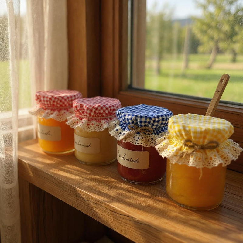 10 Pieces Elastic Jar Cover Cloth - 100% Cotton - Breathable Fermentation Lid Bowl - Stretch Colorful Gingham (Checkered) Pattern Fabric - Reusable Elastic Cloth Jar Covers