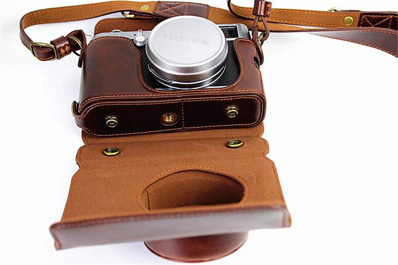 X100 Case, BolinUS Handmade PU Leather Fullbody Camera Case Bag Cover for Fujifilm Fuji X100 X100S X100T Bottom Opening Version + Neck Strap -Coffee Multi-Colored