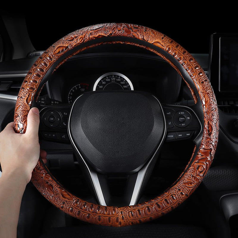 Leather Auto Car Steering Wheel Cover,Anti Slip Universal 15 Inch,Brown Crocodile with Rose Grain Brown