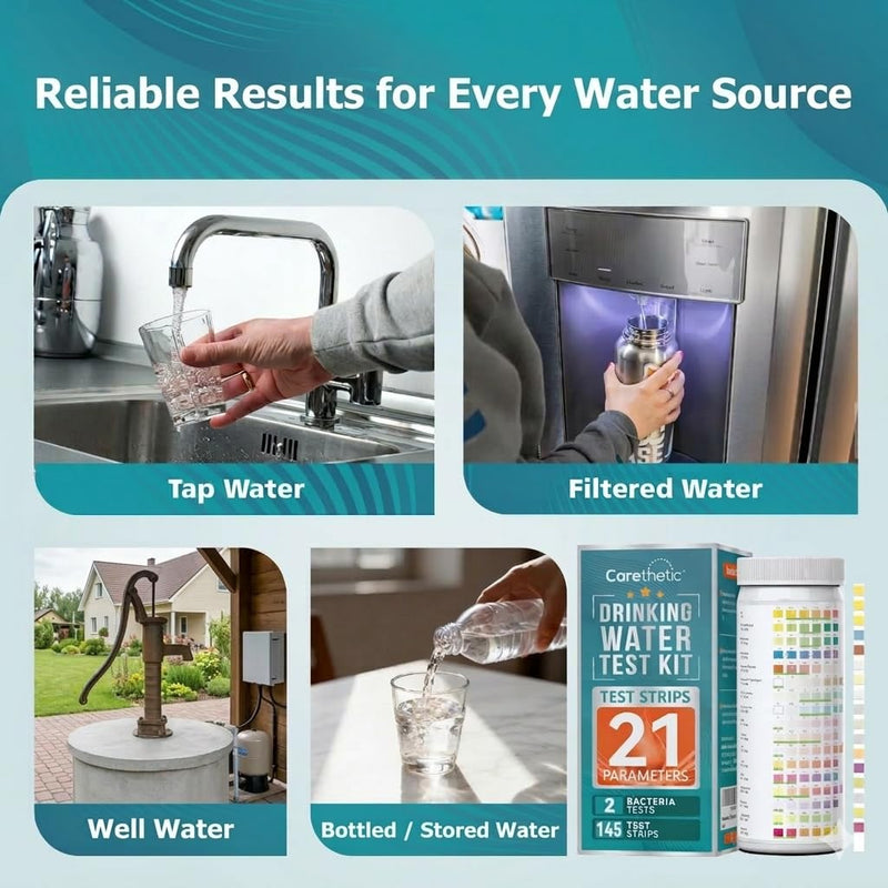 Carethetic Drinking Water Test Kit with Bacteria Test, Home Water Test Kit for Tap Water, Well Water & Filtered Water, Tests Lead, Hardness, Copper, Nitrate & Nitrite