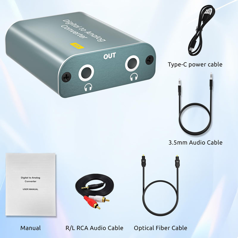 Digital to Analog Audio Converter,192kHz DAC Converter Digital Optical to Dual Analog 3.5mm AUX Audio Adapter with Optical Cable 3.5 Audio Cable and 3.5 to RCA Cable