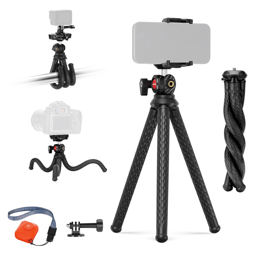 NEEWER Flexible Tripod with Remote, Mini Camera Phone Tripod Stand with Hidden Phone Holder & Action Camera Adapter Compatible with iPhone GoPro Hero 12 11 10 DJI Insta360 Samsung for Vlogging, TP34