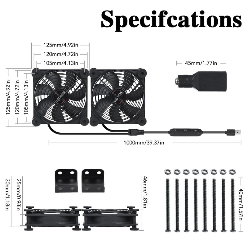Dual 120mm Cooling Fan 10-Speed IPX5 USB 5V/DC 12V for Router & Xbox | Dual 120mm fan, 10-speed, USB 5V/DC 12V. IPX5 waterproof, 16dB quiet. Double ball bearing. Cools router, Xbox, cabinet. USB/DC Dual 120mm Fan
