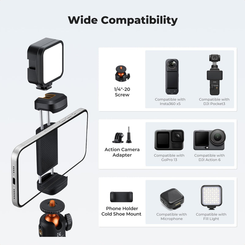 K&F CONCEPT Mini 25.6'' Auto Open Selfie Stick Tripod | Lightweight, Ball Head with Cold Shoe, Compatible with DJI Osmo Pocket 4/3 Action5 Insta360 Luna Ultra. MS71