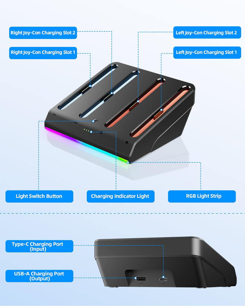 Charging Dock for Nintenndo Switch 2 Joycon, AOJAKI Accessories for Switch 2, Charger Station for Joycon, 4-in-1 Magnetic Fast Charger with RGB Light Modes, Smart Chip, Anti-Slip Base