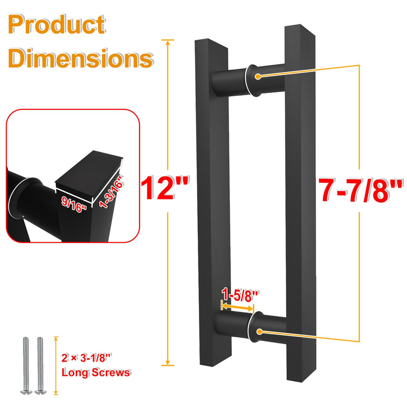 Matte Black Square Barn Door Handles 12"/16"/18"/24"/36"/48"/59'', Pull Push Long French Door Handle Double Sided, Large Front Exterior Shower Door Pull Handles 12inch / 30cm Matte Black