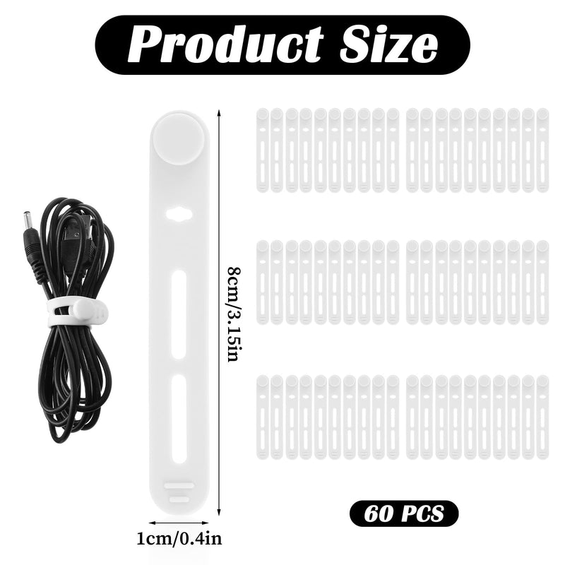 60 Pc Data Cable Organizer Ty,Silicone Cable Ty Reusable,White | Cables Organizer Tie, for Cord Management, Earphone Charger Computer, 3.15 x 0.4 x 0.2 Inch