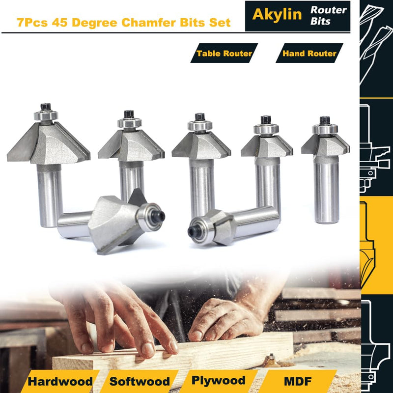 7Pcs 45 Degree Chamfer Router Bit Set,1/2" Shank,1/4",5/16",3/8",1/2",5/8" 3/4" and 7/8" Bevel Length,Eased Edge Cutter with Ball Bearing for Wood Chamfering,Bevelling,Profiling,Edging 7 Piece Set (1/4"-7/8")