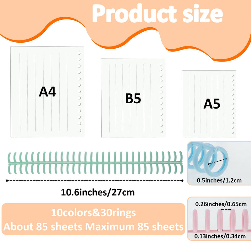 Binding Spines, 10Pcs Plastic Binding Combs Binding Machine 30 Hole Click Binding Ring Spiral Book Binder Coils for Student Teacher Business Document File Making Office and School Use