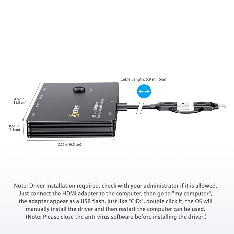 USB to 4 HDMI Adapter, Extend 4 HDMI Monitor Converter, Support Mirror/Extend Mode Compatible with Windows, M1/M2 Mac OS, with Black Screen Function USB to 4 HDMI