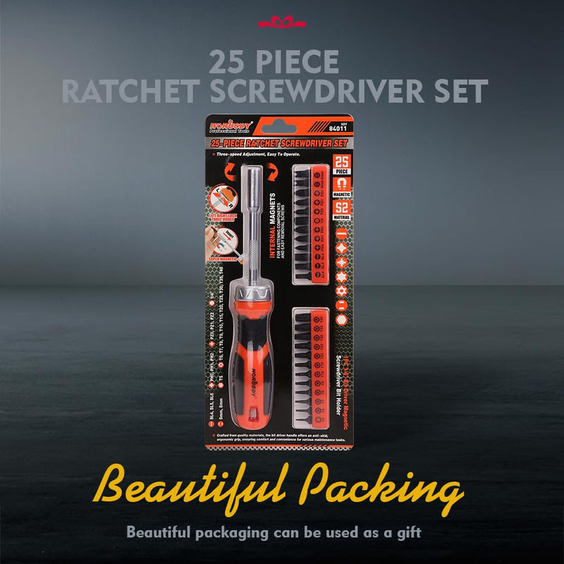 HORUSDY 25-Piece Security Torx Screwdriver Bit Set | T5-T40 Torx Bit Set 1/4 inch Ratcheting Magnetic Bit Driver | 12Pcs T-Drive Bits and 12Pcs Common Bit