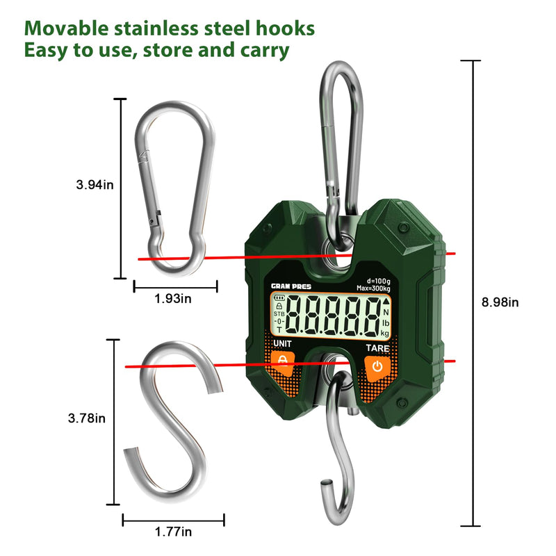 GRAM PRES Digital Hanging Scale 660LB/300KG,Handheld Mini Crane Scale,Deer Hunting Scales,Digital Luggage Scale with Hooks for Farm，Fishing, Fish, Meat，Game,Outdoor.