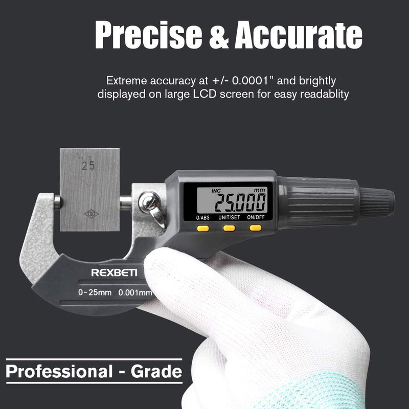 REXBETI Digital Micrometer, Professional Inch/Metric Measuring Tools 0.00005"/0.001 mm Resolution Thickness Gauge, Protective Case with Extra Battery 0-1" Digital Micrometer