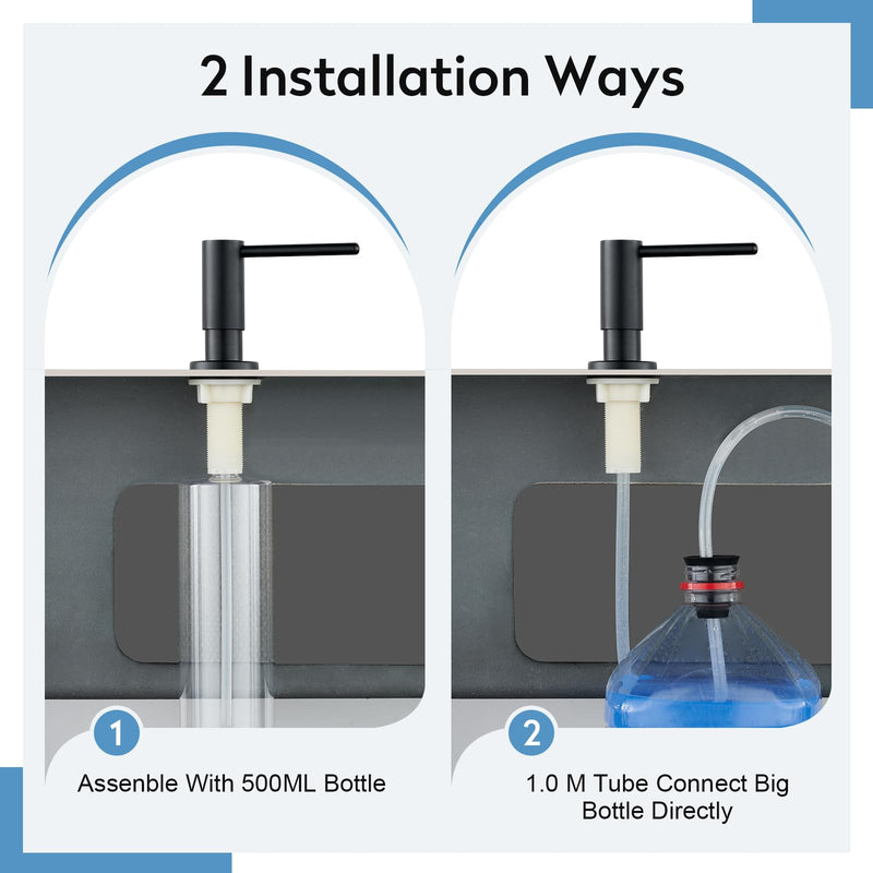 Kitchen Sink Soap Dispenser with 17 OZ Bottle and 40" Extension Tube Kit, Stainless Steel Built-in Soap Dispenser for Kitchen Sink or Countertop, in or Under Sink Installation, Matte Black