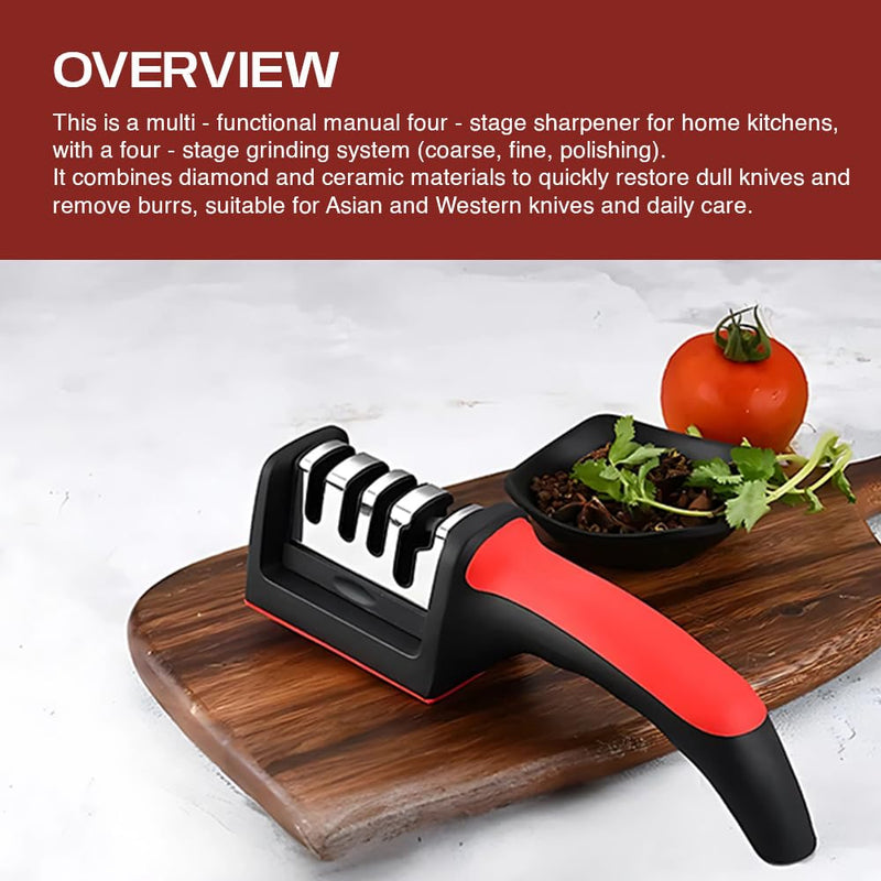 Premium 4-in-1 Knife Sharpening Kit, Kitchen knife sharpener with Anti-Cut Gloves and Extra Sharpening Blade, Red and Black, Professional Grade Kitchen Tool Set