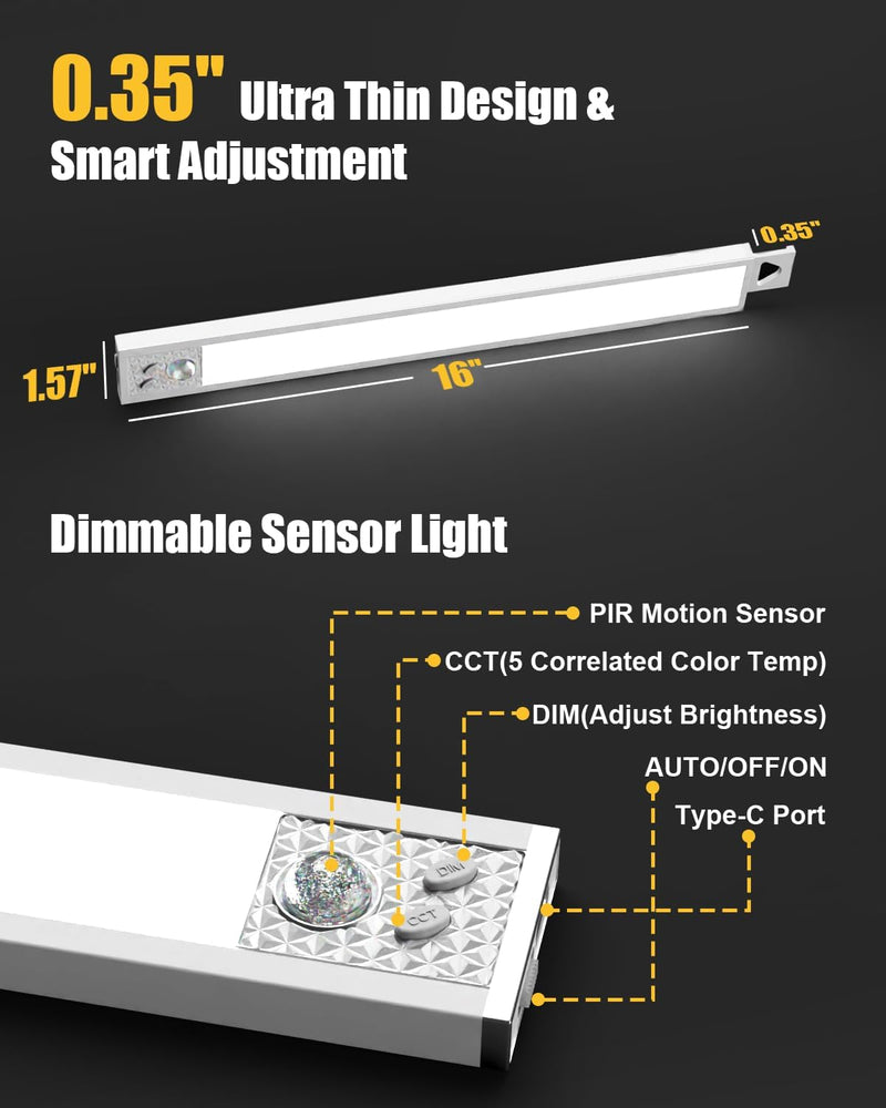 Under Cabinet Motion Sensor Lighting - 16 Inch Wireless Under Cabinet Lighting, Rechargeable with Magnetic Mount, 5CCT Adjustable for Kitchen/Hallway (White, 2-Pack) 16 Inches