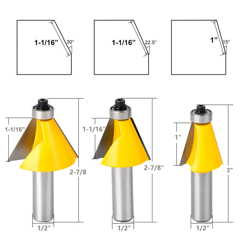 3Pcs Chamfer Router Bit Set, 1/2-Inch Shank Round Nose, Cutting Angle: 15, 22.5, 30 Degree, 1 Inch Cutting Length 1/2" Shank