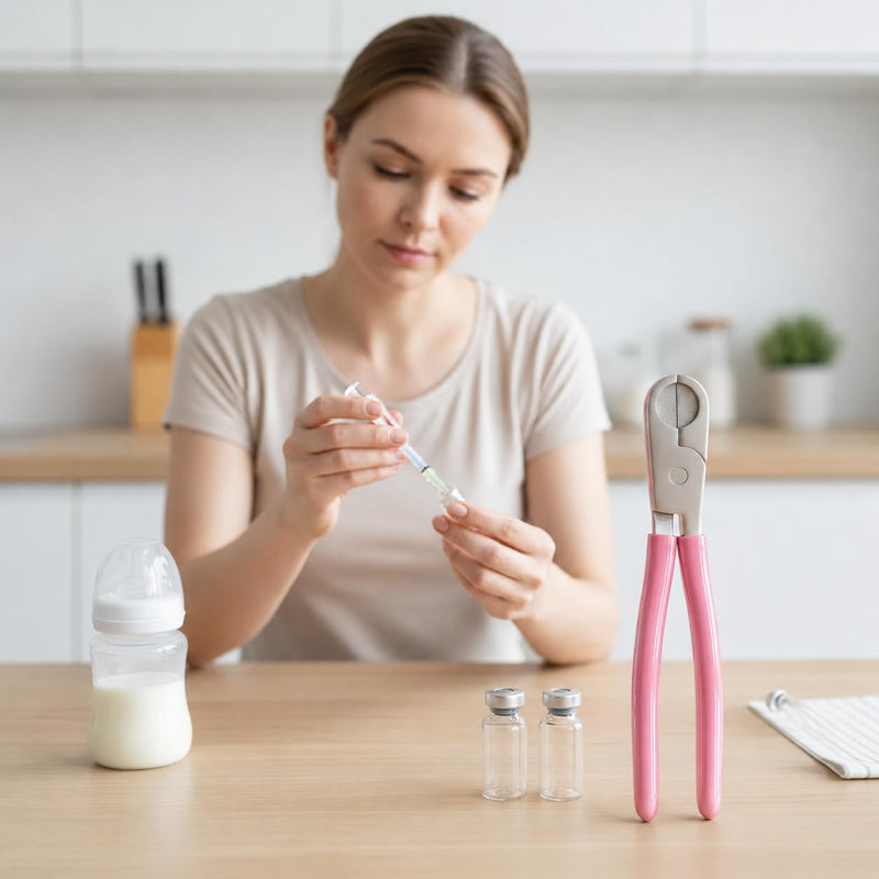 Vial Opener Vial decapper – Stainless Steel Crimp Cap Remover for 13mm and 20mm Vials, Ergonomic Grip, Fast & Safe Aluminum Seal Removal（Pink)