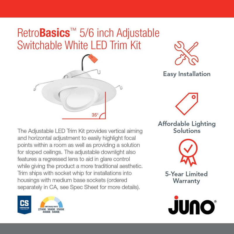 Juno 5"/6" Inch Adjustable LED Recessed Lighting, RetroBasics Series Adjustable Gimbal LED Downlight Trim Kit, 5"/6" Ceiling Light with 5-in-1 Switchable White Color, 700 Lumens, Matte White 5/6-Inch Standard | Adjustable | Smooth Trim