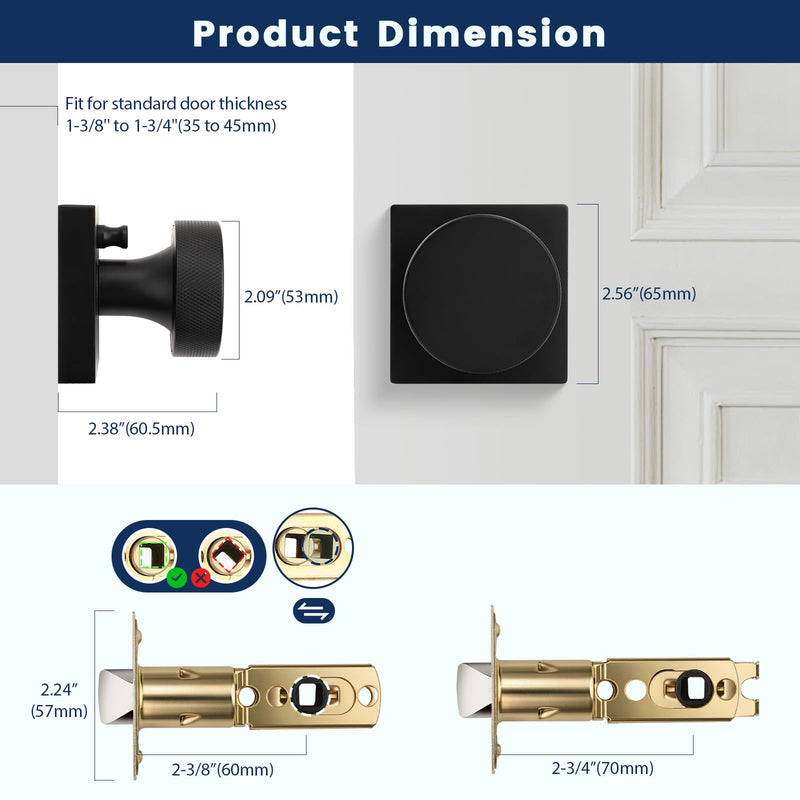 Orger Matte Black Privacy Door Knobs Interior, Zinc Alloy Keyless Black Door Knobs with Lock for Bedroom and Bathroom, Knurled Heavy Duty Square Base Modern Doorknobs, 1 Pack