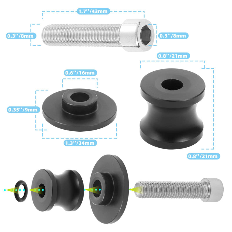 2Pcs Motorcycle Swing Arm Spools for Suzuki GSXR 125 250 300 600 750 1000 Aluminum (Black) Black