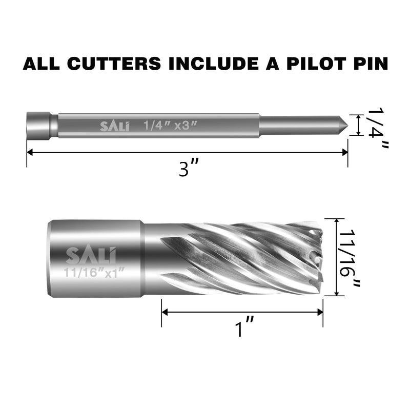 SALI 2 pcs Annular Cutter Diameter 11/16 Inch with Weldon Shank 3/4" (with 2 Flats) Cutting Depth 1" Mag Drill Bit for Magnetic Drill Press HSS Fully Ground Drill with One 1/4"*3" Pilot Pin 11/16"*1"