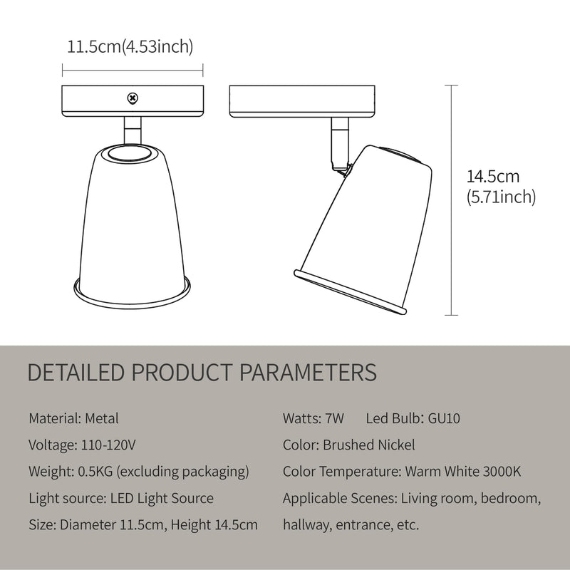 Ceiling Spotlight Indoor, Adjustable Angle 7W LED GU10 Replaceable, 3000K Warm White Flicker-Free,Accent Light for Living Room Bedroom Corridor Mural,Brushed Nickel